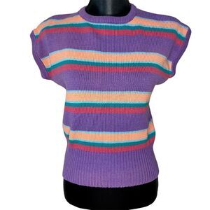 Vintage Gloria Vanderbilt Sweater Vest Knit Stripe Short Sleeve Purple Large
